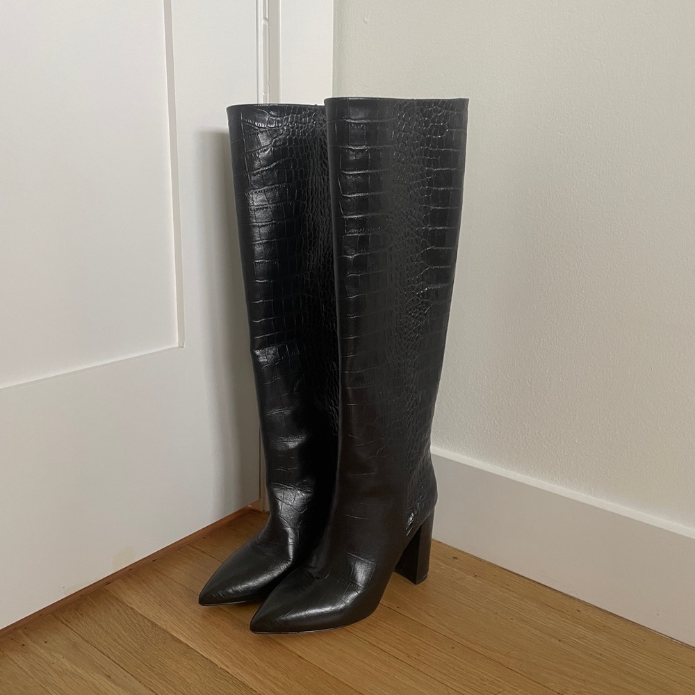 Paris Texas Moc Croc Over the Knee Boots Black